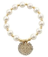 Saint Benedict Stretch Bracelet -White Pearl - Gold Spacers
