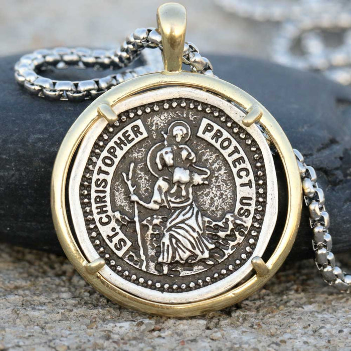 14k Gold Two Tone St. Christopher Pendant Necklace