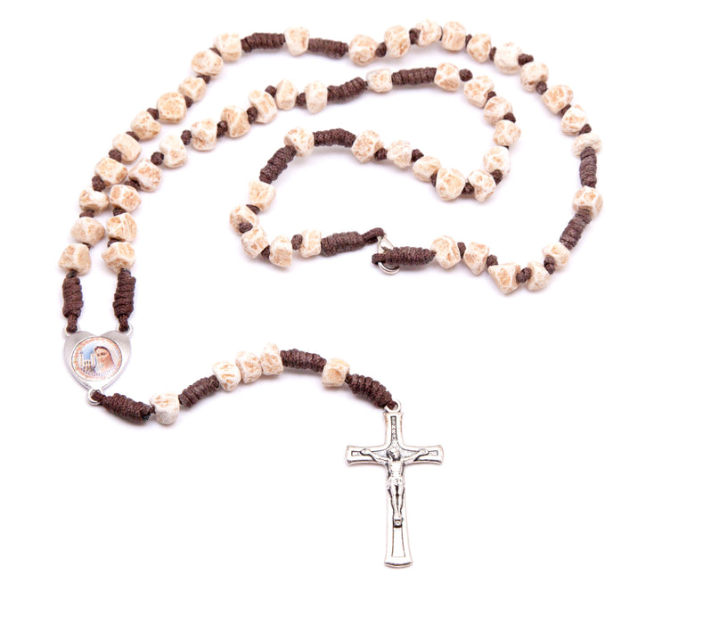 Medjugorje Stone Heart Rosary- Brown Cord and Unpolished Stones