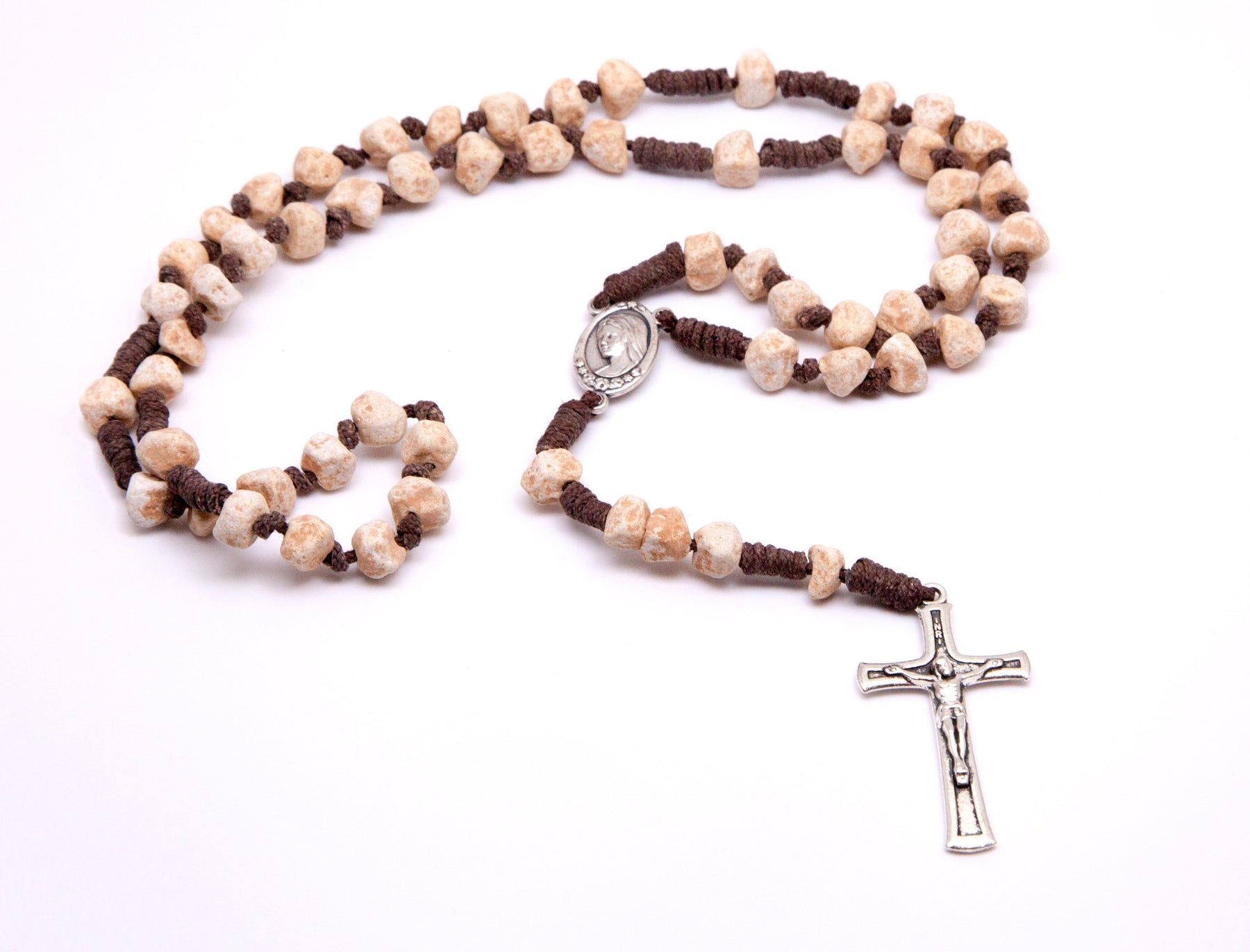 Medjugorje Stone Rosary- Brown Cord and Unpolished Stones