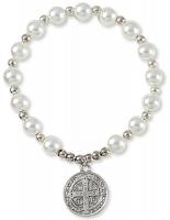 Saint Benedict Stretch Bracelet - Glass Pearls - Silver Beads